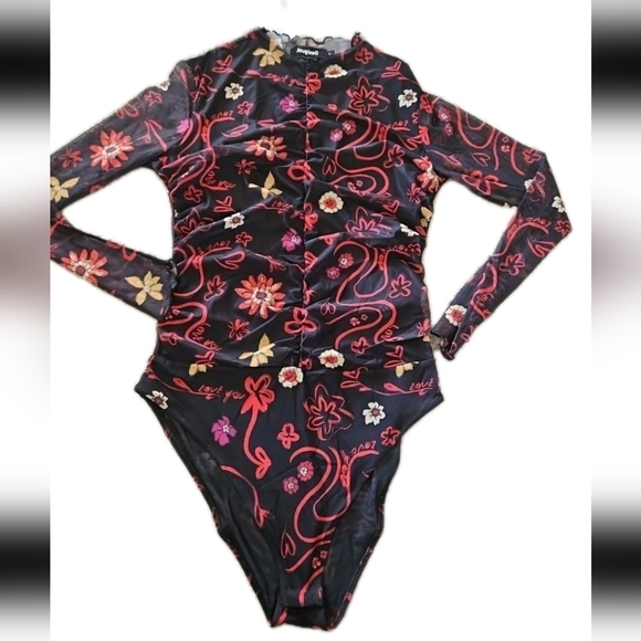 Desigual Womens Tulle Ruched Floral Artistic Long Sleeve Colorful Bodysuit L - Picture 10 of 15